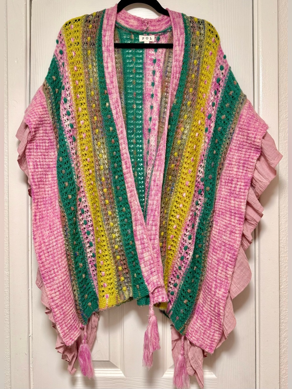 POL Multicolor Open Knit Kimono with Pink Ruffle Trim